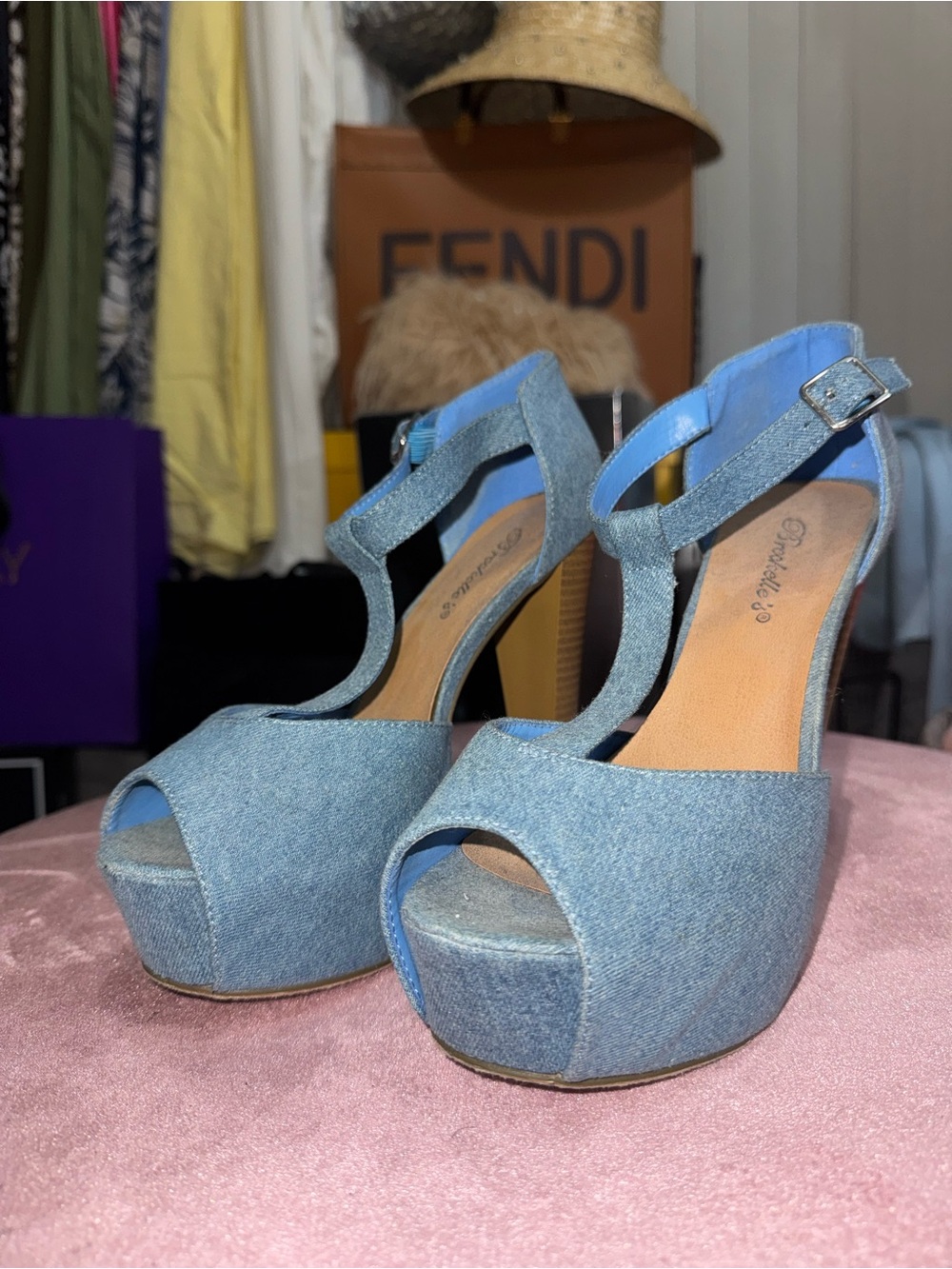 Denim Blue Platform Peep-Toe Sandals with Ankle Strap